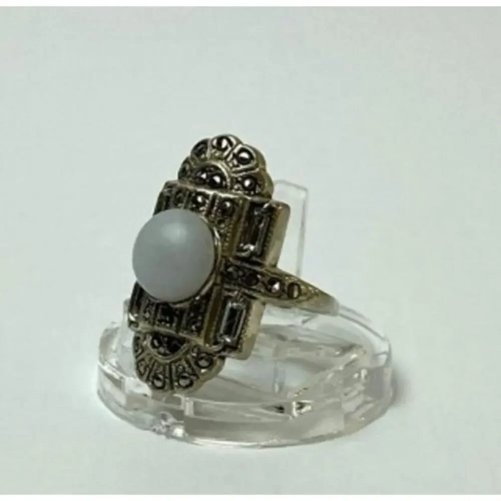 Vintage 925 Sterling Silver Agate, Goshenite & Marcasites Ring Size 5.5